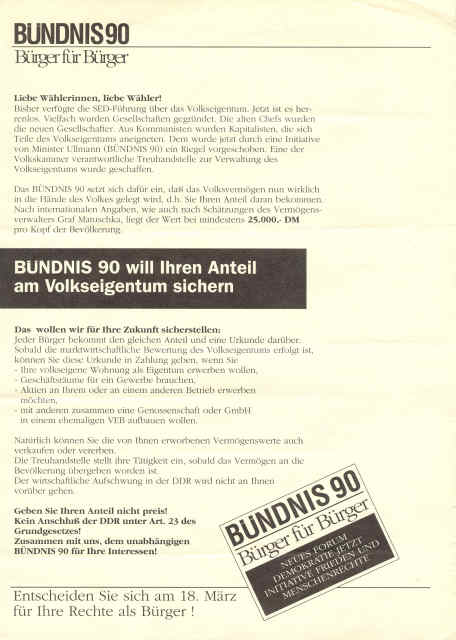 Flugblatt des Buendnis 90 zu den DDR Wahlen 1990