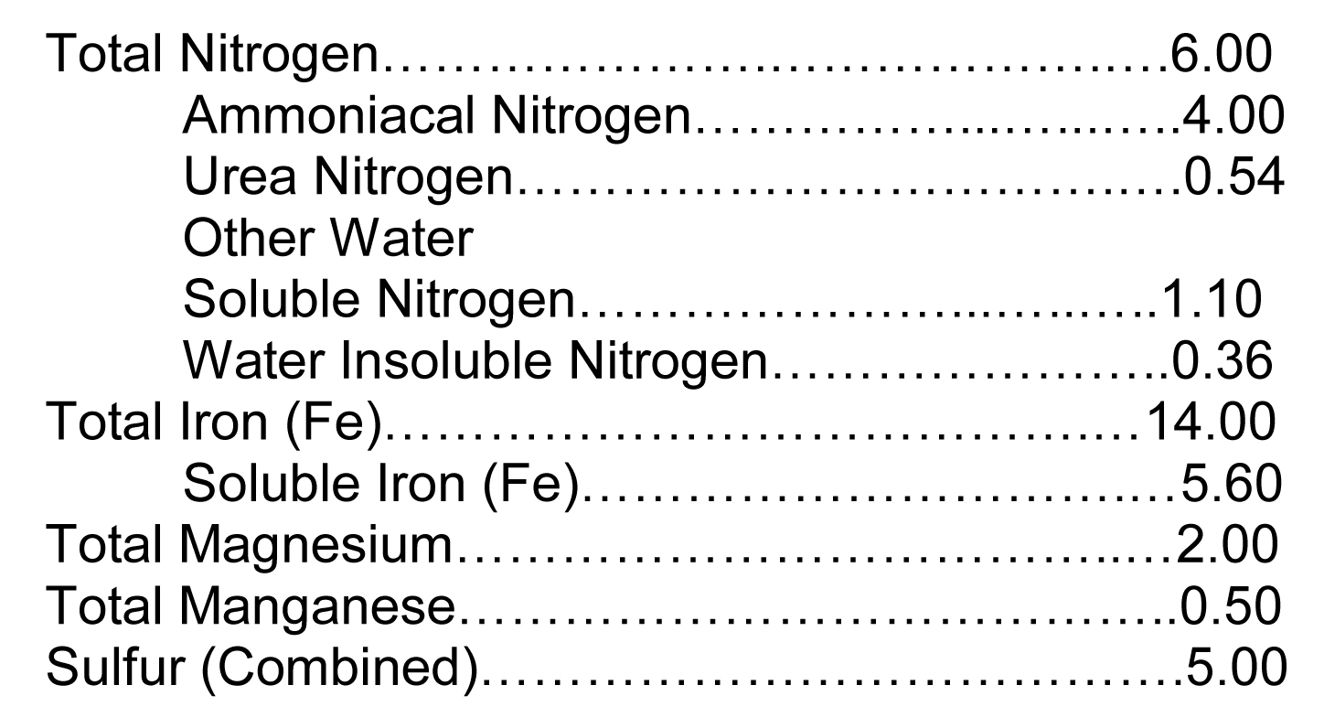 6-0-0 14% Fe Guaranteed Analylsis Label